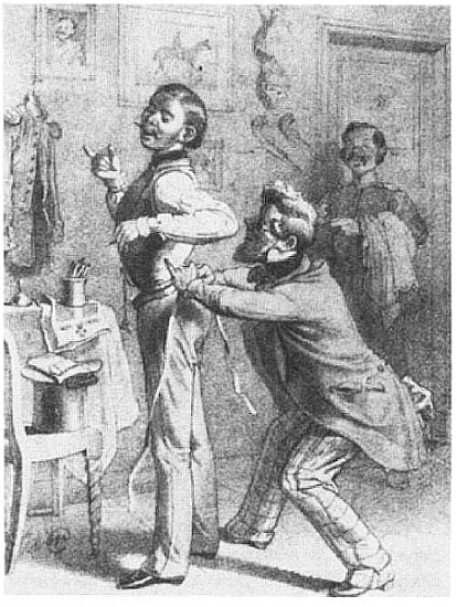 "Size 13 - on my honor Herr Baron, we seldom see that here in Berlin." Aus: Die Mode in der Karikatur 1855